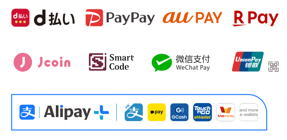 PayPay、d払い、au Pay、J-Coin、WeChat Pay、銀聯QR (UnionPay) 、楽天ペイ、Smart Code、Alipay、AlipayHK、KakaoPayロゴマーク