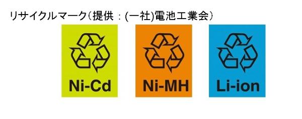 充電式電池リサイクルマーク(リチウムイオン電池、ニカド電池、ニッケル水素電池)