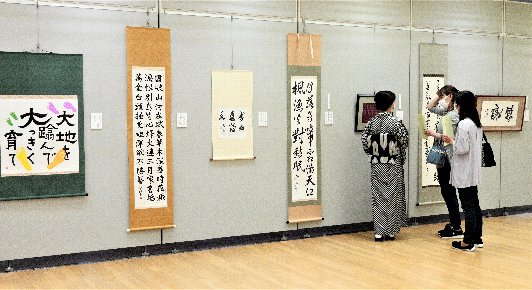 パネルに展示されている沢山の書を鑑賞している人たちの写真 拡大画像