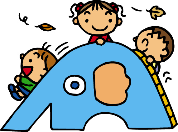 ぞうさんの滑り台で3人の子どもが遊んでいるイラスト