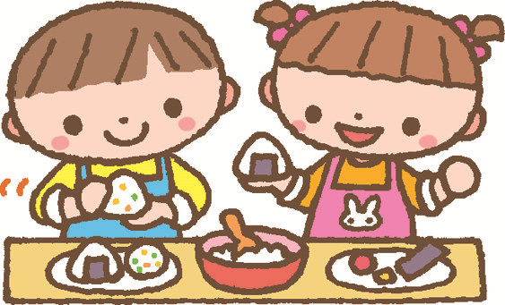 男の子と女の子がおにぎりを作っているイラスト