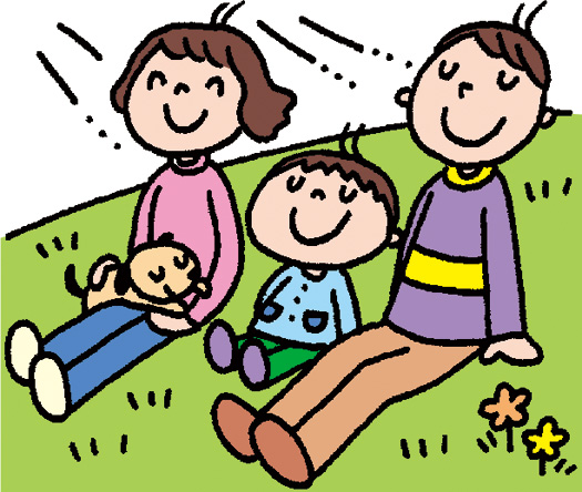 広場に座って親子でくつろいでいる様子のイラスト