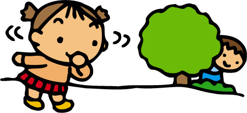 公園の木の後ろに隠れている男の子と男の子を探している女の子のイラスト