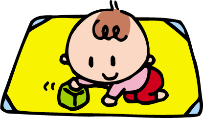 マットの上で積み木で遊んでいる赤ちゃんのイラスト