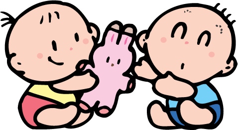 女の子と男の子の赤ちゃんが向かい合わせに座りながらピンクのウサギのぬいぐるみで仲良く遊んでいるイラスト