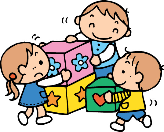 おおきな積み木で遊んでいる3人の子どものイラスト