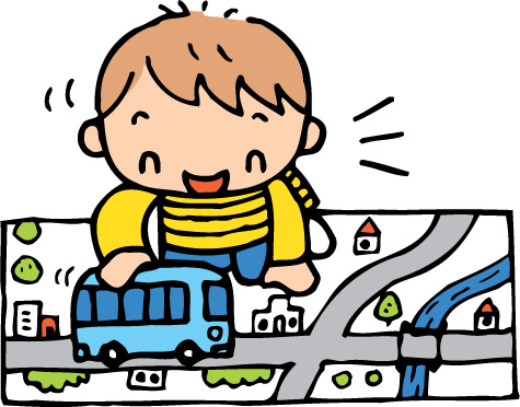 男の子が小さなバスのおもちゃを走らせて遊んでいるイラスト