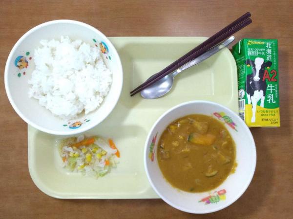 献立の写真(菜速あやせコーンサラダ、夏野菜のカレーライス、牛乳)