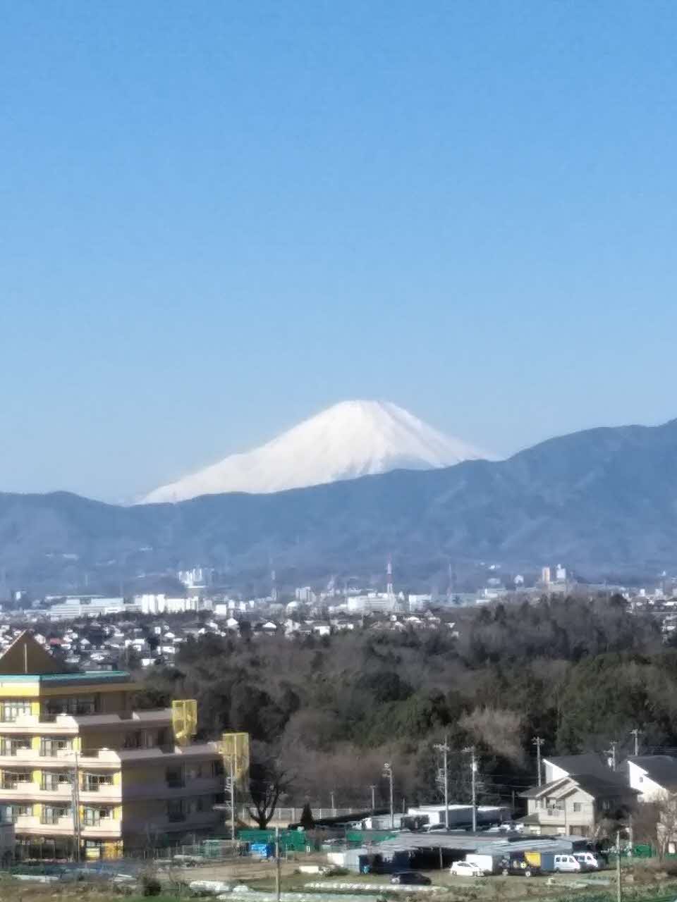 木々が茂った林の向こうに見える街並みと山々の奥に白く雪化粧した富士山の山頂付近が見えている写真