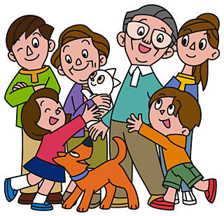 年配の女性が猫を抱き、猫を触っている女の子、女の子の足元に犬、年配の男性に抱き付いている男の子、その様子を近くで見ている女性と腕を組んだ男性のイラスト