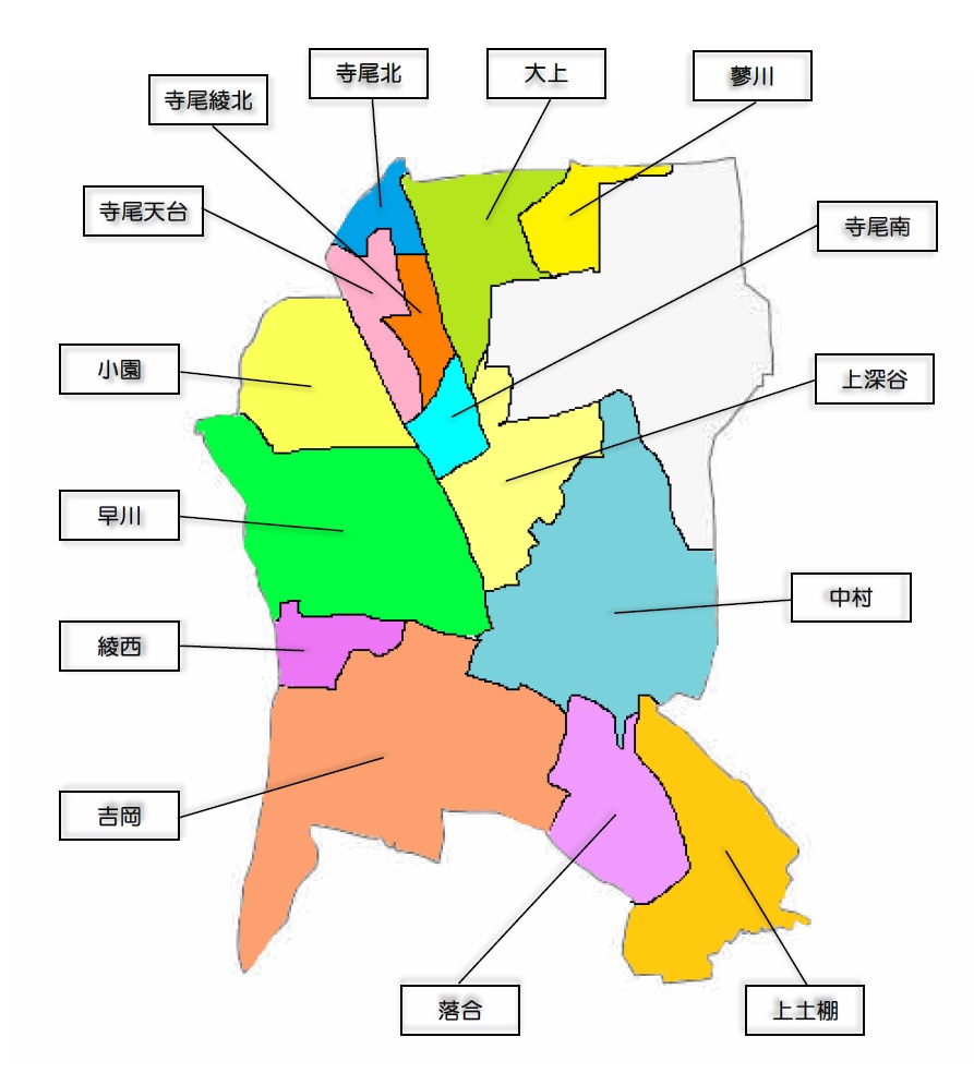 市内の自治体エリアの地図