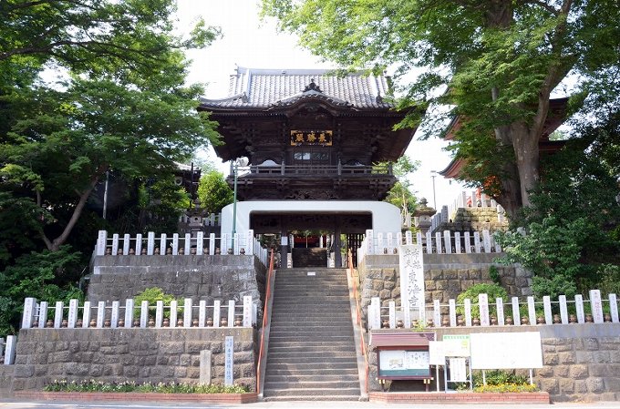 2段の石垣が左右にあり、中央の階段の上に布施弁天の桜門が見えている写真