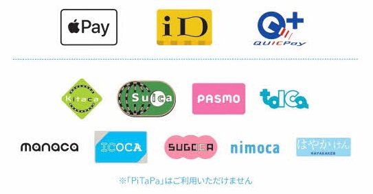 iD、QuicPay、ApplePay、Kitaca、PASMO、Suica、TOICA、manaca、ICOCA、SUGOCA、imoca、はやかけんロゴマーク