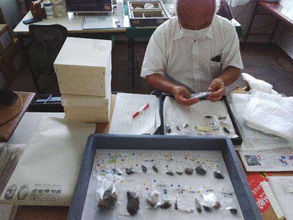 岩宿博物館の学芸員が上土棚遺跡の石器を確認する様子