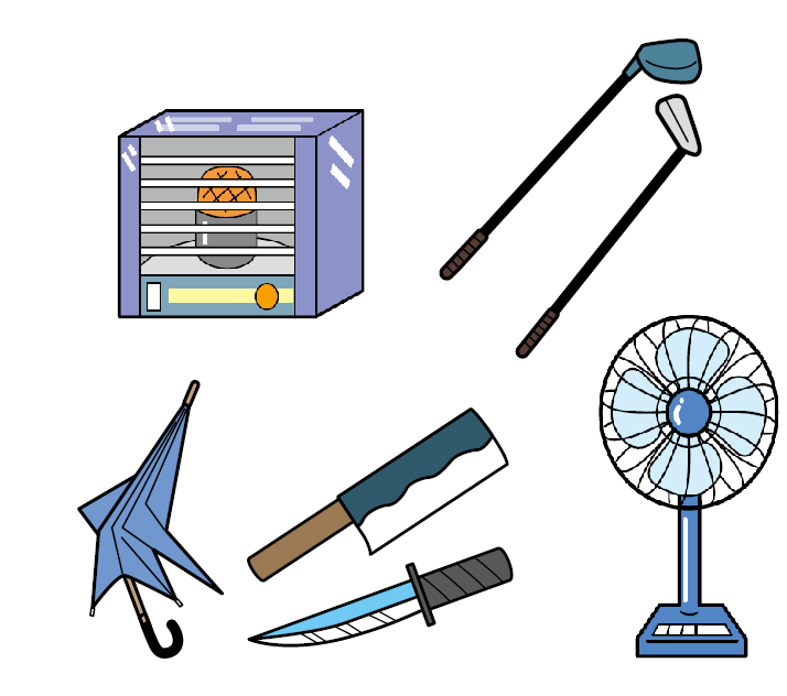 トースター、ゴルフクラブ、傘、刃物、掃除機などの小型家電・金属類のイラスト