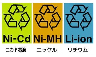 ニカド電池、ニッケル、リチウムのロゴマーク