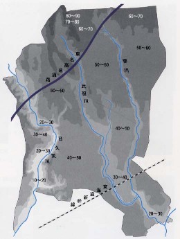 東名高速道路、流れる川、表高を示す数字が書かれている綾瀬の地形図
