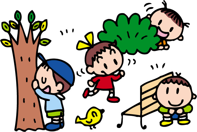 青色のキャップを被った男の子が鬼になって数を数えている間に女の子が草むら、男の子がベンチに隠れて、赤色の服を着た女の子が隠れる所を探している公園で鬼ごっごをしているイラスト