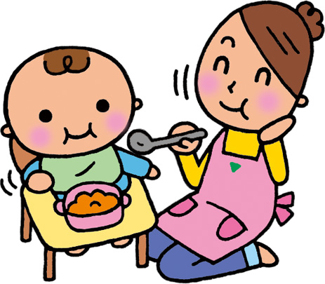 赤ちゃんにご飯を食べさせながら同じ食事を食べているお母さんのイラスト赤ちゃんにご飯を食べさせているお母さんのイラスト