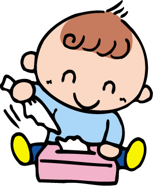 ティッシュペーパーを箱から引き出して遊んでいる男の子のイラスト