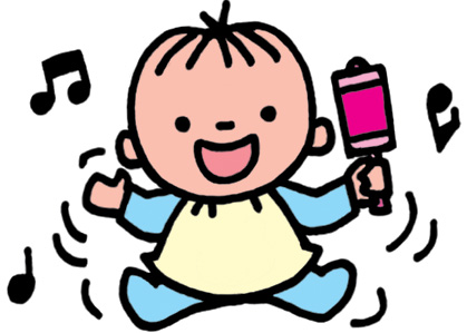 ピンクのガラガラを持って楽しそうに遊んでいる赤ちゃんのイラスト