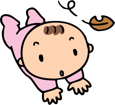 ピンク色の服を着た赤ちゃんが落ちてきた葉っぱを見ているイラスト