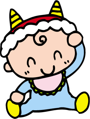 つのが2つ付いた鬼の帽子をかぶっている赤ちゃんのイラスト