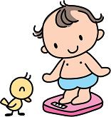体重計に乗っている子供と体重計の目盛りを見ている黄色い鳥のイラスト