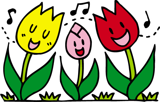 黄色、ピンク、赤色のチューリップと音符のイラスト