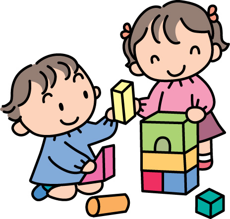 積み木で遊んでいる男の子と女の子のイラスト