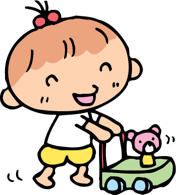 おもちゃのキャリーワゴンを押している女の子