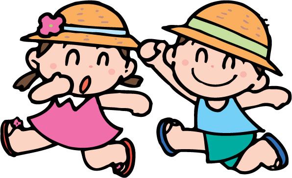 麦わら帽子を被った女の子と男の子が笑顔で走っているイラスト