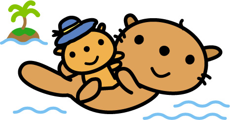 水に浮かぶラッコのお母さんとそのお腹に乗る帽子をかぶった子供のラッコのイラスト