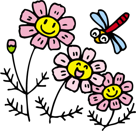 3輪の花と1匹のトンボのイラスト