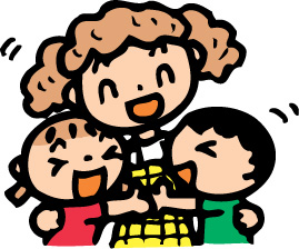 男の子と女の子がお母さんに抱きついているイラスト