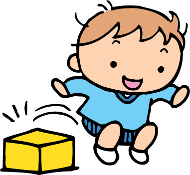 男の子が黄色の台から飛び降りて遊んでいるイラスト