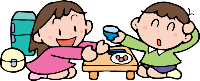 男の子がお茶碗を女の子に渡しているおままご遊びのイラスト
