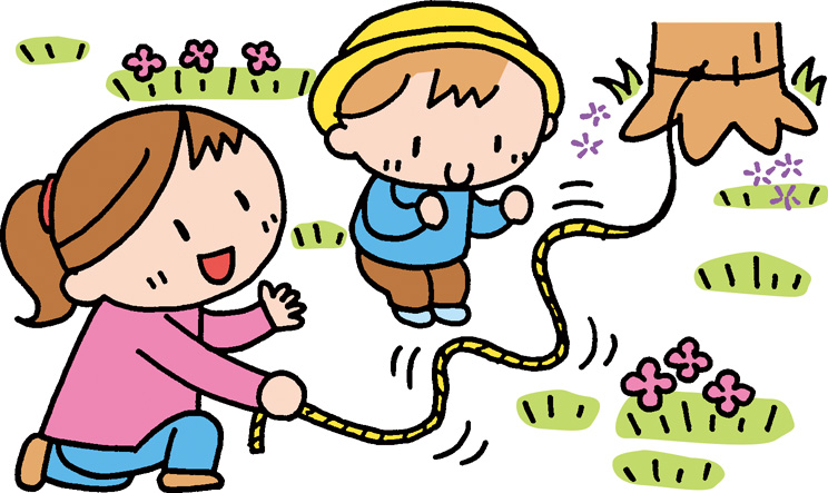 木に括り付けた縄を動かして遊ぶ子供のイラスト