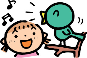 緑の鳥が枝にとまって鳴いている様子を聞いている女の子のイラスト