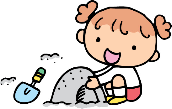 砂場でトンネルを作って遊んでいる女の子のイラスト