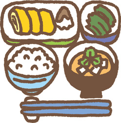 栄養バランスがとれたご飯、味噌汁、卵焼き、ほうれん草のおひたしの食事のイラスト