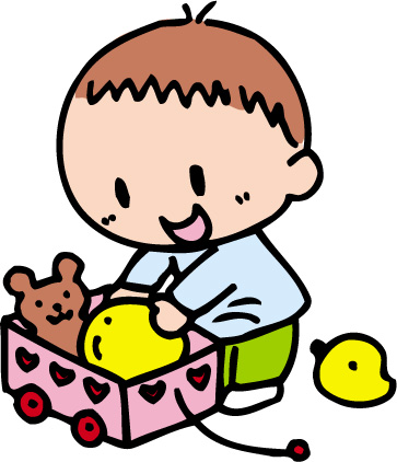おもちゃのキャリーワゴンにぬいぐるみやボールを入れて遊んでいる男の子のイラスト