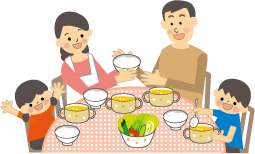 お父さんとお母さん、男の子と女の子の一家がバランスの良く楽しく食べているイラスト