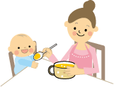母親が乳児に離乳食を食べさせているイラスト