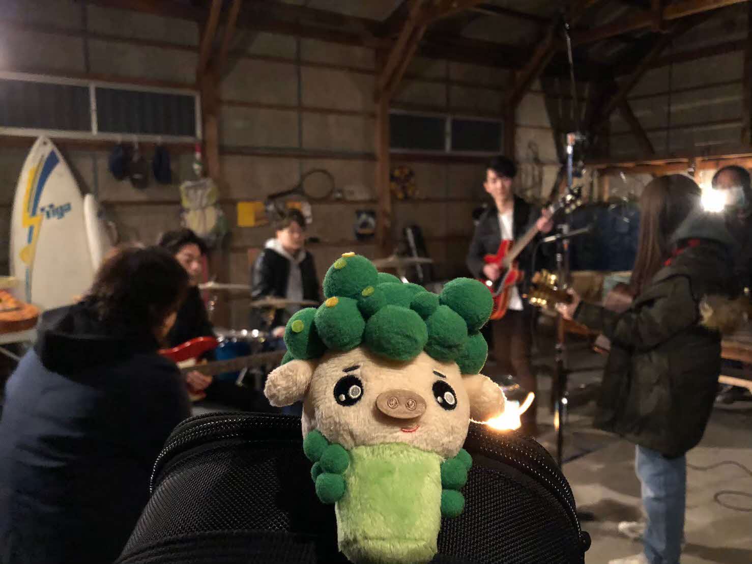 倉庫のような場所で、ブタッコリーのマスコット人形が写る奥に楽器を持ったバンドメンバーが写っている写真