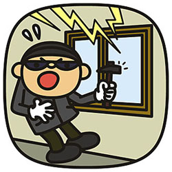 サングラスをかけ手袋をしている泥棒が窓ガラスを金づちで叩き割ろうとしているイラスト