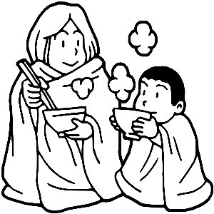 お母さんと子供が毛布にくるまり温かい食べ物を食べているイラスト