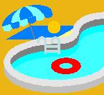 プールに赤い浮き輪が浮いていてプールサイドにはビーチパラソルがあるイラスト
